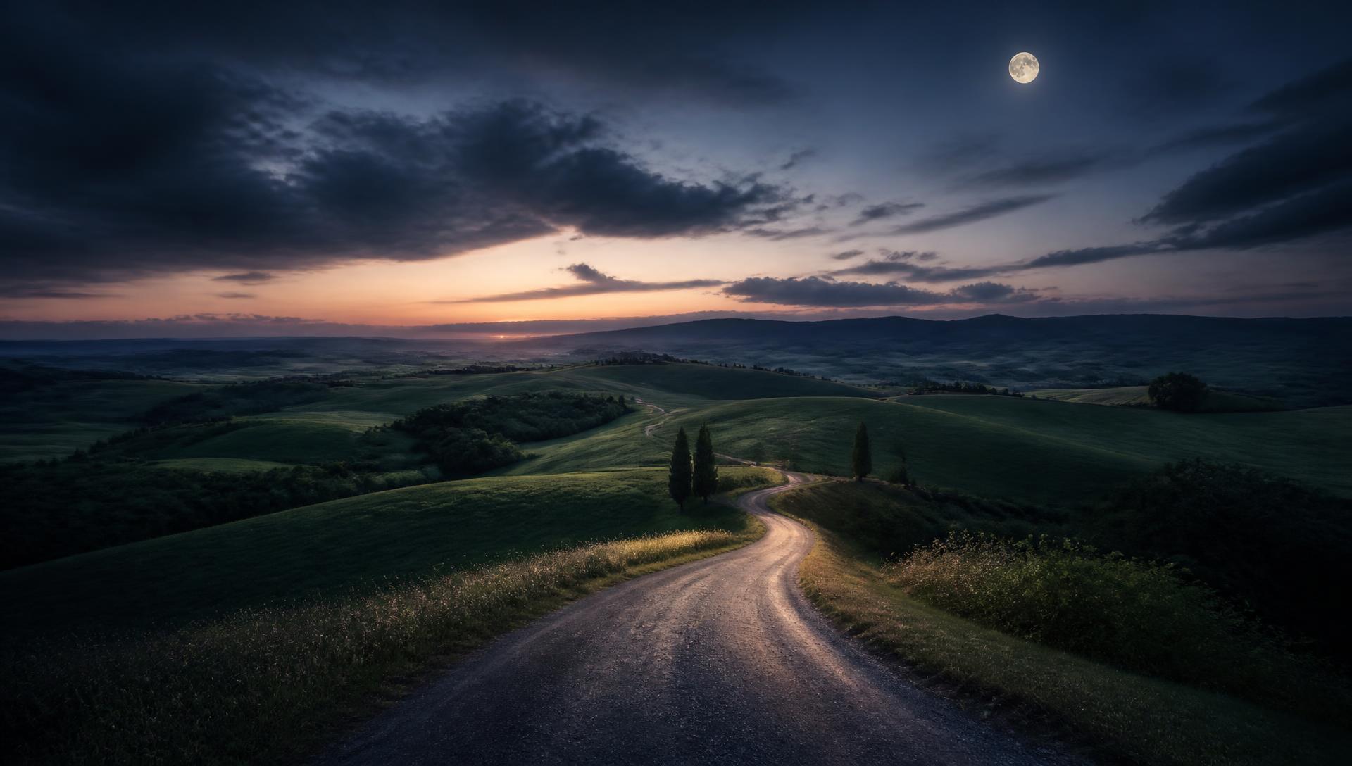 Winding rural road through rolling hills at twilight